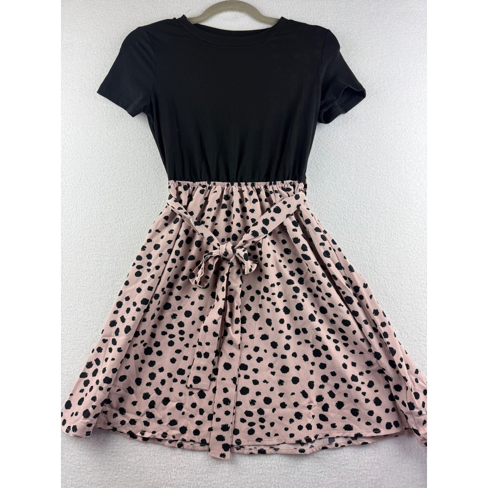 Cupshe Womens XS Black Pink Dalmatian Spot Fit Flare Mini Dress Short Sleeve NEW